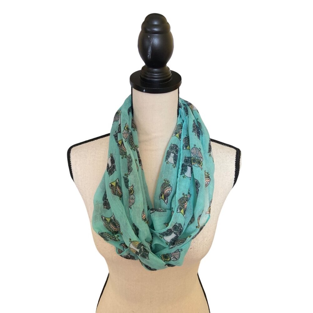Womens Rectangle Infinity Scarf Owl Turquoise Multi-Color Lightweight Sheer